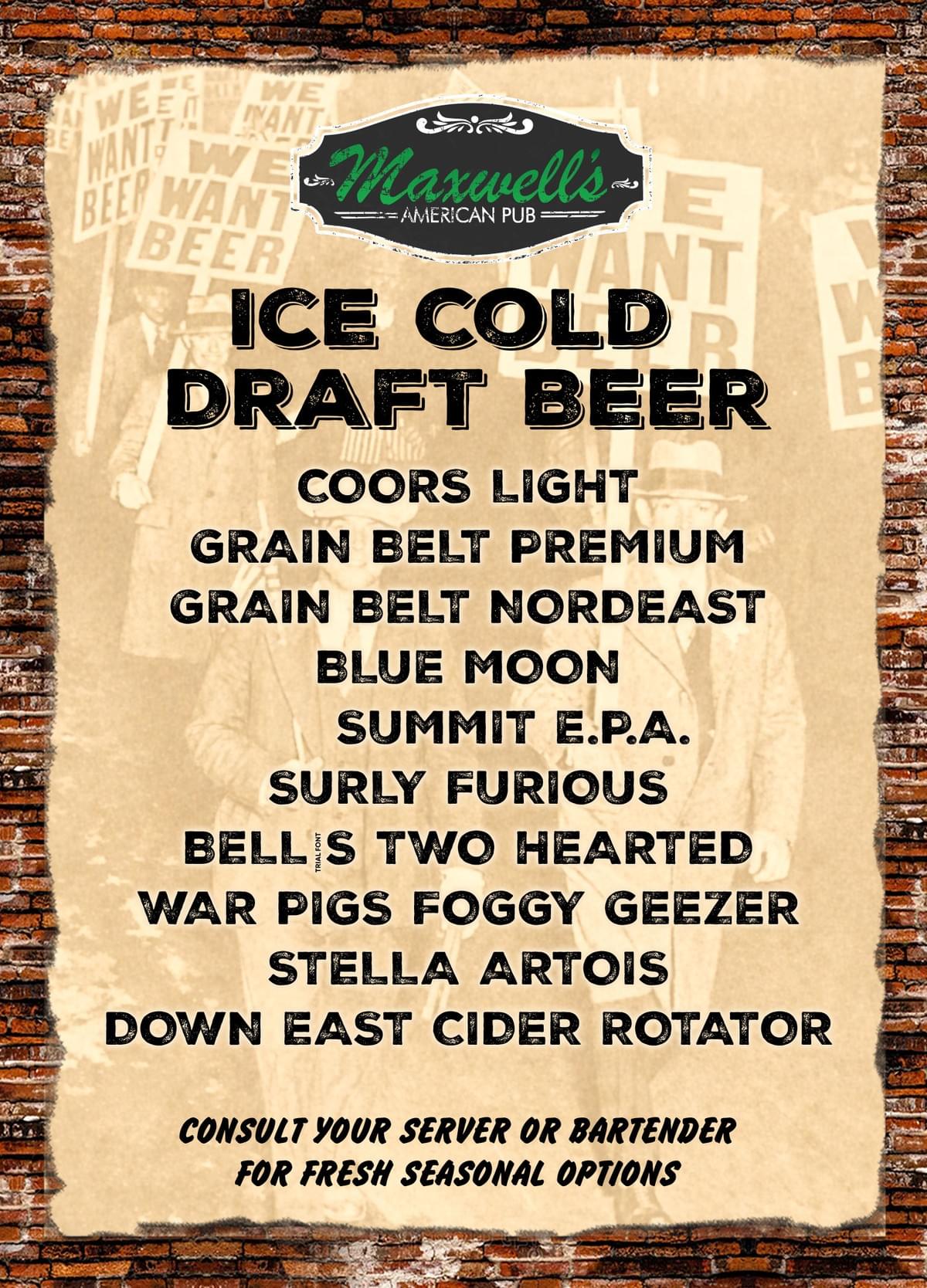 Maxwell's draft beer menu